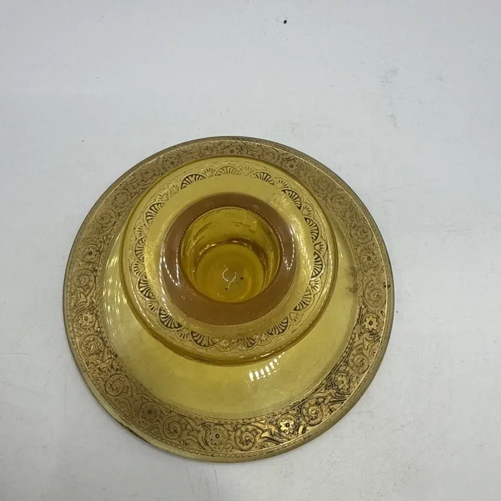 Vintage Amber Glass Candle Holder Ornate Floral Scroll Taper Chamberstick *